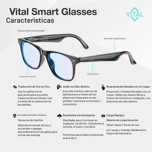 Vista 2 de Gafas Inteligentes Vital para Hombres con Traducción IA – Audio Bluetooth 5.3 de Oído Abierto, Traductor de 164 Idiomas en Aplicación de Teléfono