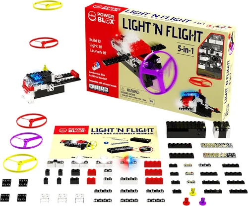 Vista 2 de E-Blox Power Blox Light N' Flight 5 en 1 STEM Kit (58 piezas), bloques de construcción con luz LED y juego de juguetes de lanzamiento de ventilador