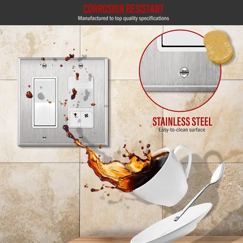 Vista 3 de ENERLITES Placa de pared metálica decorativa para interruptor o tomacorriente, resistente a la corrosión, tamaño de 2 segmentos, 4.50" x 4.57
