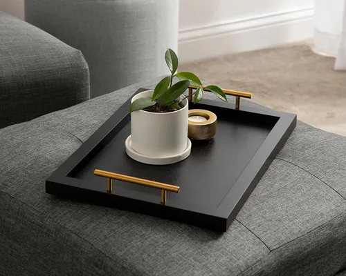 Vista 3 de Kate and Laurel Halsey Bandeja rectangular de madera decorativa con asas de metal pulido; 17 x 13; negro y dorado; moderna bandeja rectangular