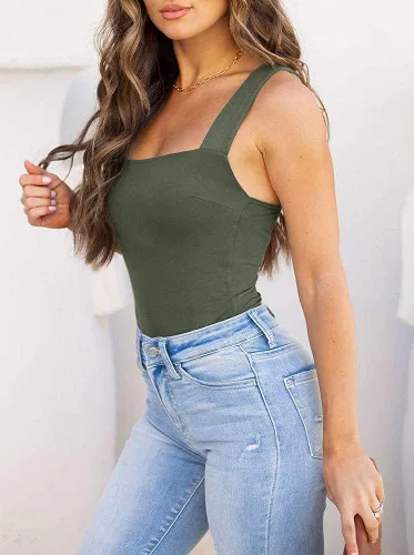 Vista 107 de Reoria - Camiseta sin mangas sexy tipo body con escote cuadrado para mujer, ropa para discoteca
