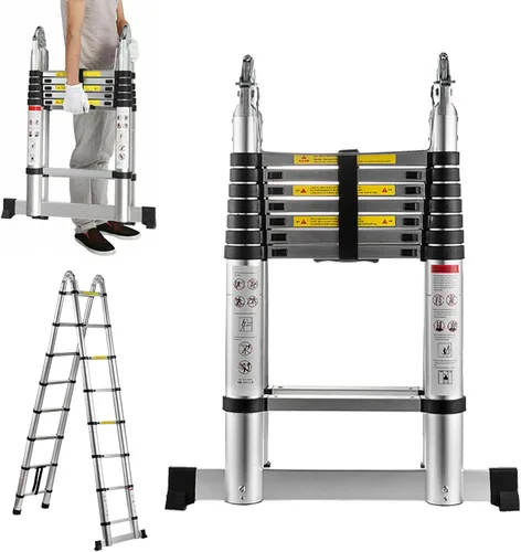 Vista 11 de Escalera de aluminio - 1.63M/5.5FT de estructura en A, escalera extensible telescópica, portátil, multiusos, plegable, resistente, capacidad