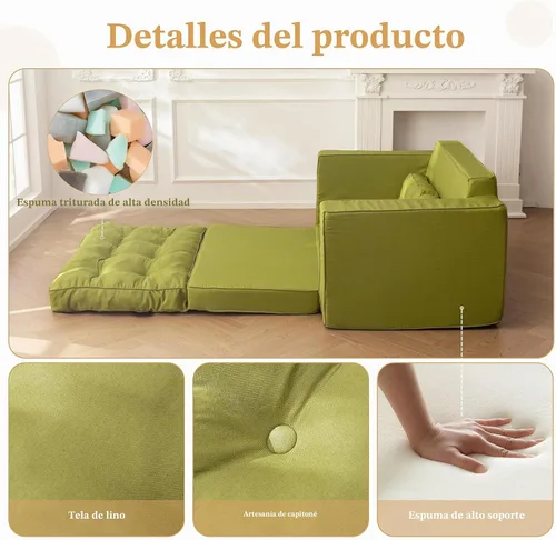 Vista 4 de YOSHOOT Sofá Cama Loveseat, Sofá Convertible de 55" Sofá Cama Sillón Futón para Sala de Estar, Sofá de Piso Extraíble 3 en 1 con Respaldo y verde