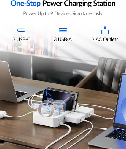 Vista 2 de SooPii Estación de carga de 60 W para múltiples dispositivos, base de carga USB C de 6 puertos con 3 salidas de CA, 3 USB C, 3USB A, cable