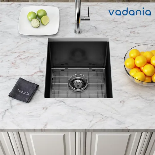 Vista 6 de VADANIA Fregadero de barra de cocina de 16 pulgadas, acabado chapado en negro, 16"x18"x10", tazón individual, bajo encimera, acero inoxidable T304