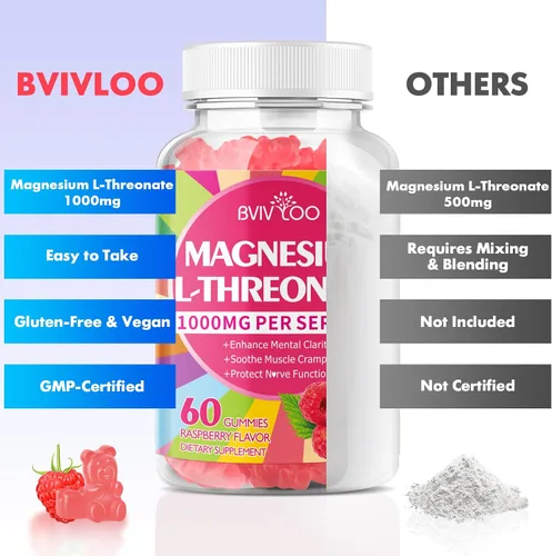 Vista 7 de Gomitas de magnesio L-treonato de 1000 mg para adultos, apoyo muscular y del sistema nervioso, vegano, sabor a frambuesa sin azúcar, 60 gomitas