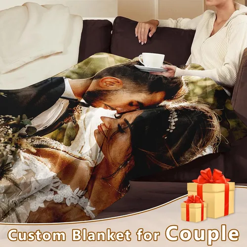 Vista 4 de Yofair - Manta personalizada con imagen y texto "I Love You" para aniversario, regalos, boda, mujeres, hombres, pareja, novio, novia, esposa y esposo