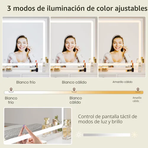 Vista 4 de Haewon - Escritorio de tocador con espejo LED, toma de corriente y silla de almacenamiento, color blanco Mesa de maquillaje con 3 modos de luz, 4
