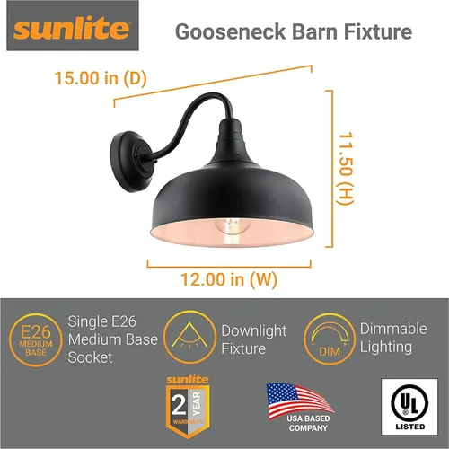 Vista 3 de Sunlite 46067-SU - Lámpara rústica de estilo granero con cuello de cisne, montaje en pared, enchufe de base media (E26), requiere bombilla estándar
