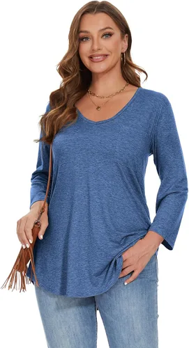 Vista 2 de BELAROI Camiseta básica de manga 34 con cuello en V para mujer, talla grande, holgada, con bolsillo
