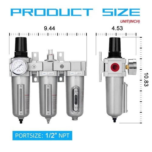 Vista 3 de NANPU 1/2" NPT Sistema de secado de aire de grado industrial de 3 etapas - Filtro de partículas, filtro coalescente, secador desecante y regulador
