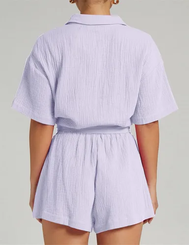 Vista 2 de Conjunto de 2 piezas para mujer, conjunto de ropa de descanso para vacaciones, camisa y pantalones cortos con botones