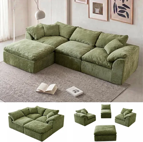 Vista 13 de Sofá modular de nube sin hueso de 110 pulgadas para sala de estar, sofá modular en forma de L de gran tamaño con otomana, sofá seccional de felpilla