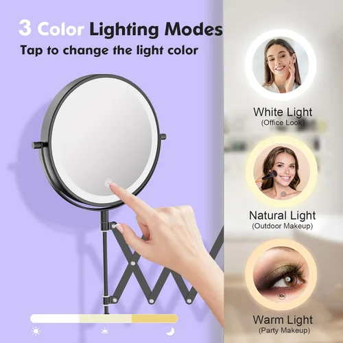 Vista 6 de 8" recargable montado en la pared espejo de maquillaje aumento echado a un lado doble 5000mAh Lighted Magnifying Mirror with 3 Color Lights Touch