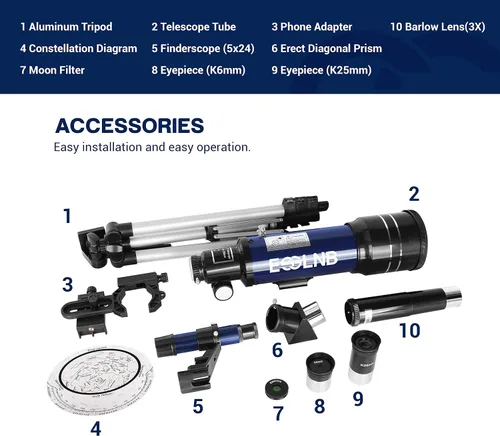 Vista 6 de ESSLNB - Telescopio para adultos, telescopio refractor de apertura de 70 mm (15X-180X) para principiantes de astronomía, telescopio portátil