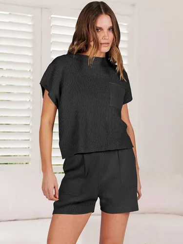 Vista 7 de ANRABESS Conjunto de dos piezas para mujer, suéter corto, suéter y pantalones cortos, conjunto de ropa de descanso