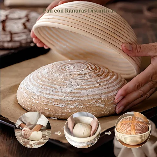 Vista 5 de Banneton - Cesta de prueba de pan, juego de 2 cestas (redondas de 9 pulgadas) – Banneton de ratán natural con 4 forros de lino – Cesta de pan