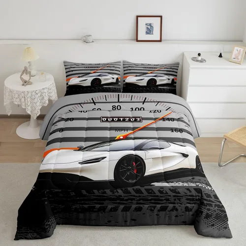 Vista 39 de Feelyou Juego de edredón azul de carreras para niños, juego de ropa de cama de coche deportivo para niños y niños, edredón deportivo geométrico a