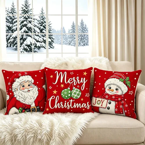 Vista 2 de Juego de 4 fundas de almohada rojas de 18 x 18 pulgadas, diseño de Papá Noel, muñeco de nieve, Feliz Navidad, para sofá, decoración de vacaciones