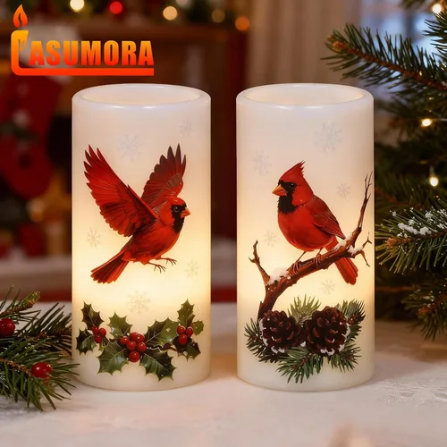 Vista 7 de Velas sin llama de cardenal de Navidad en pilar con control remoto y temporizador, velas LED en portavelas de cera real, vela operada por batería