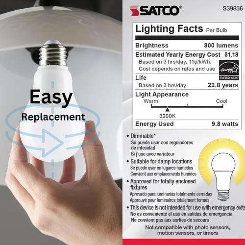 Vista 4 de Satco S39836; Lámparas LED; 9.8 vatios; LED A19; Omnidireccional; 3000K; Base media; Ángulo de haz de 220 grados; 120 voltios (6 bombillas LED)