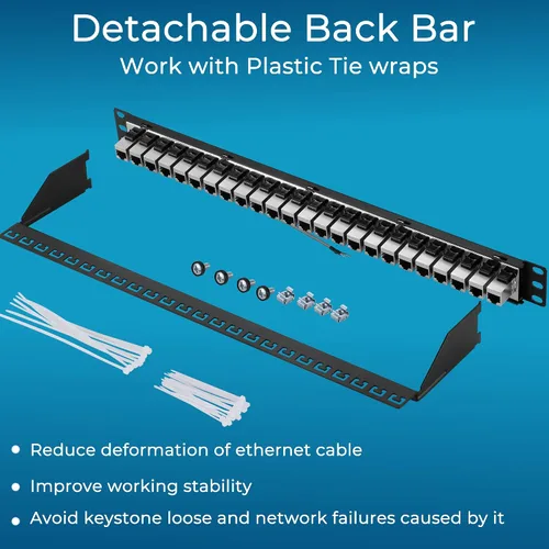 Vista 6 de Rapink Panel de conexiones de 24 puertos Cat7 con soporte Keystone 10G en línea, panel de conexión acoplador blindado STP de 19 pulgadas con barra