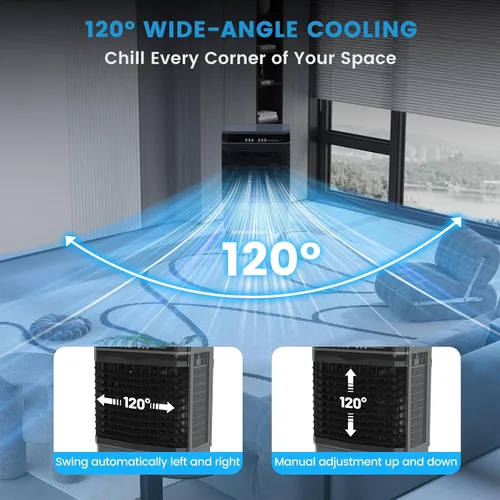 Vista 4 de Zynkez Enfriador portátil de pantano de 1800CFM para interiores y exteriores, enfriador de aire evaporativo 3 en 1 con tanque de agua de 5.3