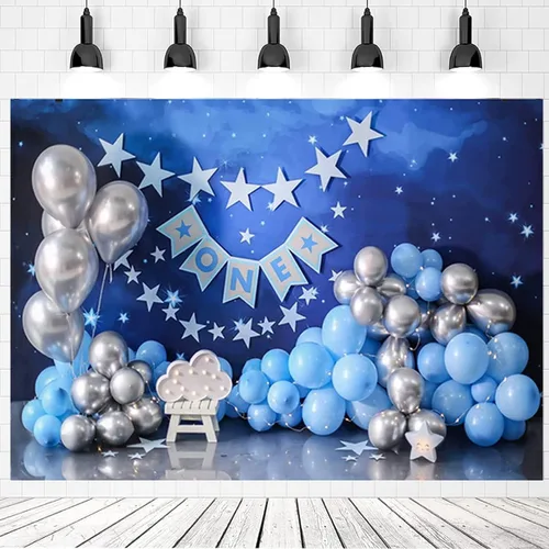 Vista 3 de Telón de fondo de 1er cumpleaños con globos azules y plateados, globos azules y plateados, fondo de fiesta de primer cumpleaños para niños recién