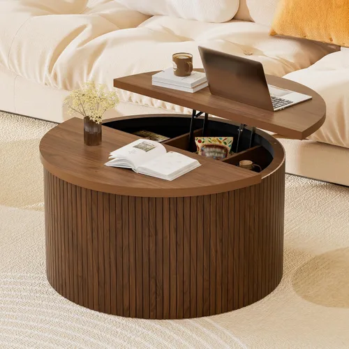 Vista 13 de Mesa auxiliar ovalada con almacenamiento, de madera acanalada de 47 pulgadas, moderna mesa de centro de mediados de siglo para sala de estar