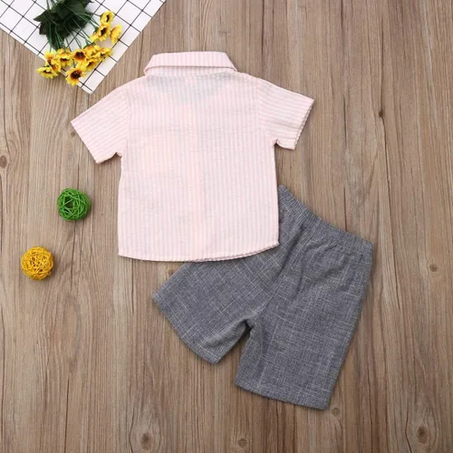 Vista 35 de Conjunto de camisa de manga corta con botones y pantalones cortos casuales con diseño de flamingo, para bebés y niños de 1 a 6 años, atuendos