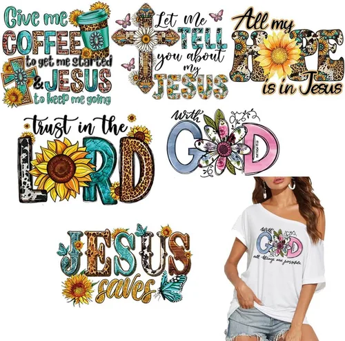 Vista 11 de 6 hojas de parches y calcomanías de transferencia de Jesús para planchar, decoraciones de prensa de calor, calcomanías de vinilo de transferencia