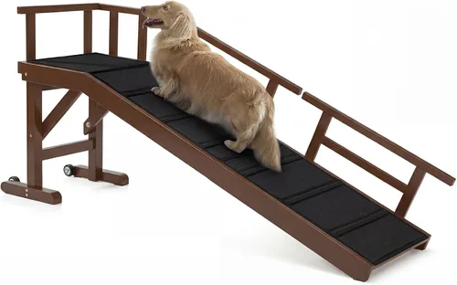 Vista 16 de Rampa para perros para cama o sofá, rampa de madera para mascotas con pendiente suave de 20°, rieles laterales extraíbles, superficie