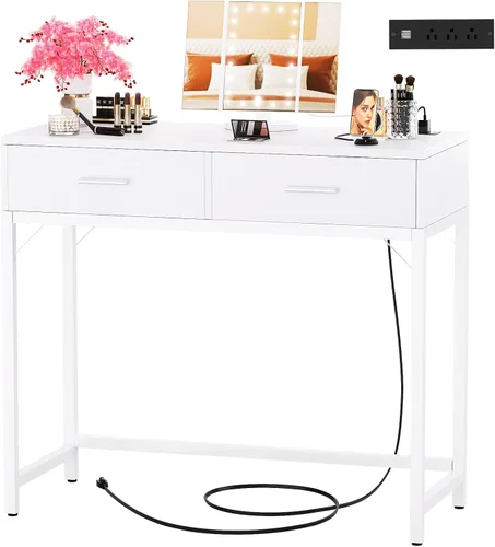 Vista 7 de Cyclysio Tocador con Espejo y Luces, Tocador de Maquillaje de 36'' con Toma de Corriente, Juego de Tocadores Pequeños Mesa de Tocador con Cajones