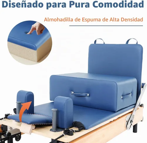 Vista 5 de Foldable Oak Wood Pilates Reformer Machine for Home and Studio Training Azul real