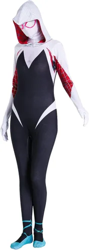 Vista 4 de Vukrtuo Gwen Stacy Cosplay Costume Halloween Bodysuit with separate pullover masks.