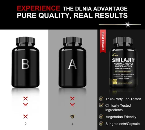 Vista 4 de DLNIA Shilajit 8 en 1 para hombres y mujeres con suplemento orgánico del Himalaya Ashwaganda con Rhodiola Rosea, ginseng, cúrcuma, hongos