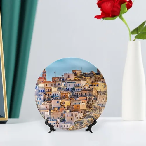 Vista 6 de Plato colgante decorativo de paisaje de pueblo de Grecia, decoración del hogar, decoración del hogar, recuerdo, arte de pared, plato de cena