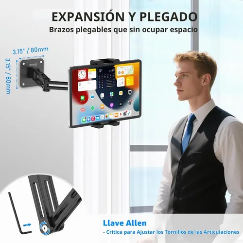 Vista 5 de Urmust Soporte de pared para tableta para iPad, rotación de 360°, soporte ajustable para tablet con brazo extensible de aluminio, para iPad