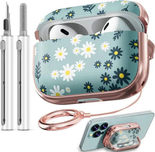Vista 16 de Inesore Funda con bloqueo de seguridad para AirPods 4 2024, bonita funda floral para AirPod de 4ª generación para mujeres con kit limpiador