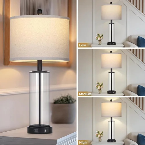 Vista 2 de Juego de 2 lámparas de mesa de cristal negro de 26 pulgadas, lámpara de sala de estar con control táctil regulable de 3 vías con puertos USB C+A