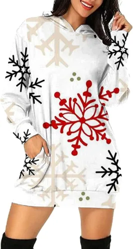 Vista 2 de XIAXAIXU Sudadera larga con capucha de Navidad para mujer, manga larga, estampado de copos de nieve, vestido de Navidad