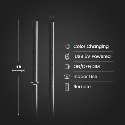 Vista 2 de Feit Electric Tira de luz LED para interiores de 5 pies, regulable, 0.1 pulgadas de ancho, persecución multicolor, alimentada por USB, patrones