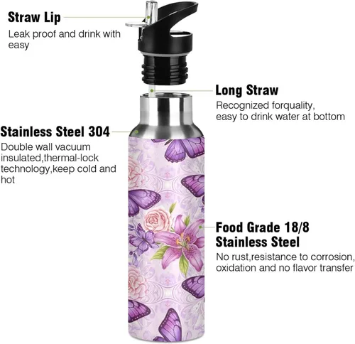Vista 3 de Purple Butterflies Stainless Steel Water Bottle 20 Oz, BPA-Free Sports Water Bottle Leakproof Water Bottles
