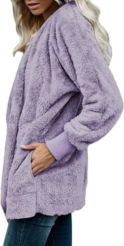 Vista 3 de Dokotoo - Chaqueta de invierno de manga larga para mujer, de vellón, cárdigan para el invierno, mullida, color liso, frente abierto, con capucha