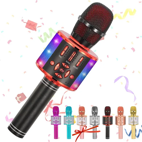 Vista 13 de Amazmic Máquina de Micrófono de Karaoke para Niños, Micrófono Bluetooth Portátil, Micrófono de Karaoke Inalámbrico de Mano con Luces LED, Regalo