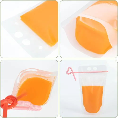 Vista 8 de Ozera - 100 bolsas de bebidas, bolsas de jugo de 16 onzas con 100 popotes y embudo Cremallera sellada, bolsas de jugo de batido de mano