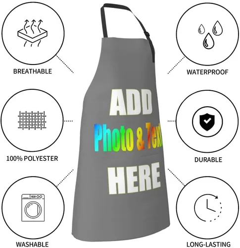 Vista 6 de Delantal personalizado con bolsillos para mujeres y hombres, diseño personalizado de tu imagen texto logotipo para cocina delantales de cocina