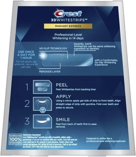 Vista 2 de Crest 3DWhitestrips Radiant Express Kit de blanqueamiento dental en casa, 14 tratamientos