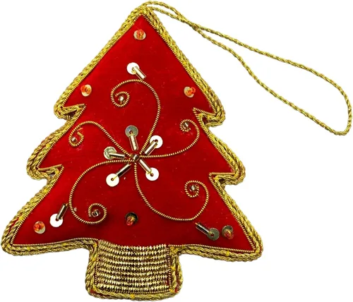 Vista 6 de Adorno de Navidad adornado con corazón verde, bordado Zari Zardozi dorado con cuentas y perlas de imitación, bolsa de presentación