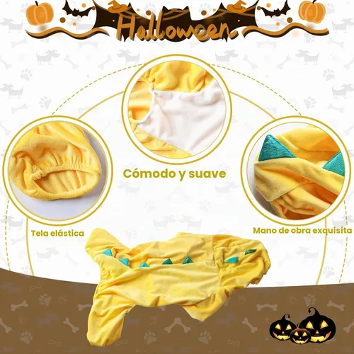 Vista 2 de NACOCO Disfraz de dinosaurio para perro de Halloween, diseño de ropa para mascotas, sudadera con capucha amarilla para perros medianos y grandes